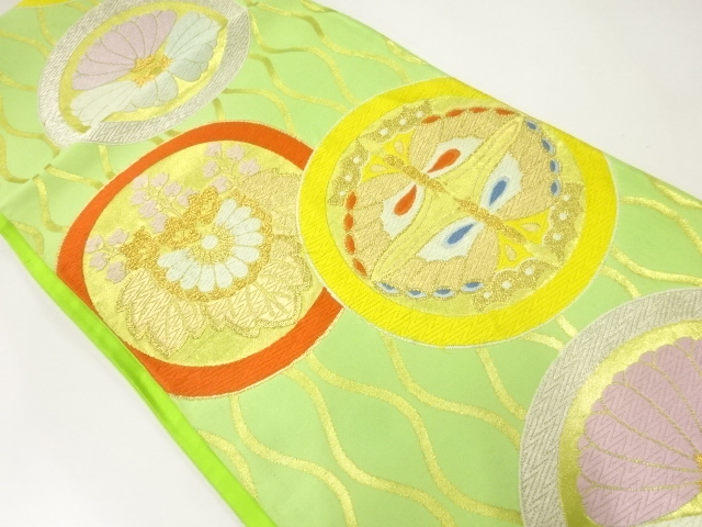 アンティーク　丸文に花蝶模様織出し袋帯（材料）